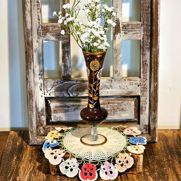 Elegant Footed Pedestal Amethyst Glass Vase - VTG Hand Painted Art Nouveau Decor - Picture 2 of 9